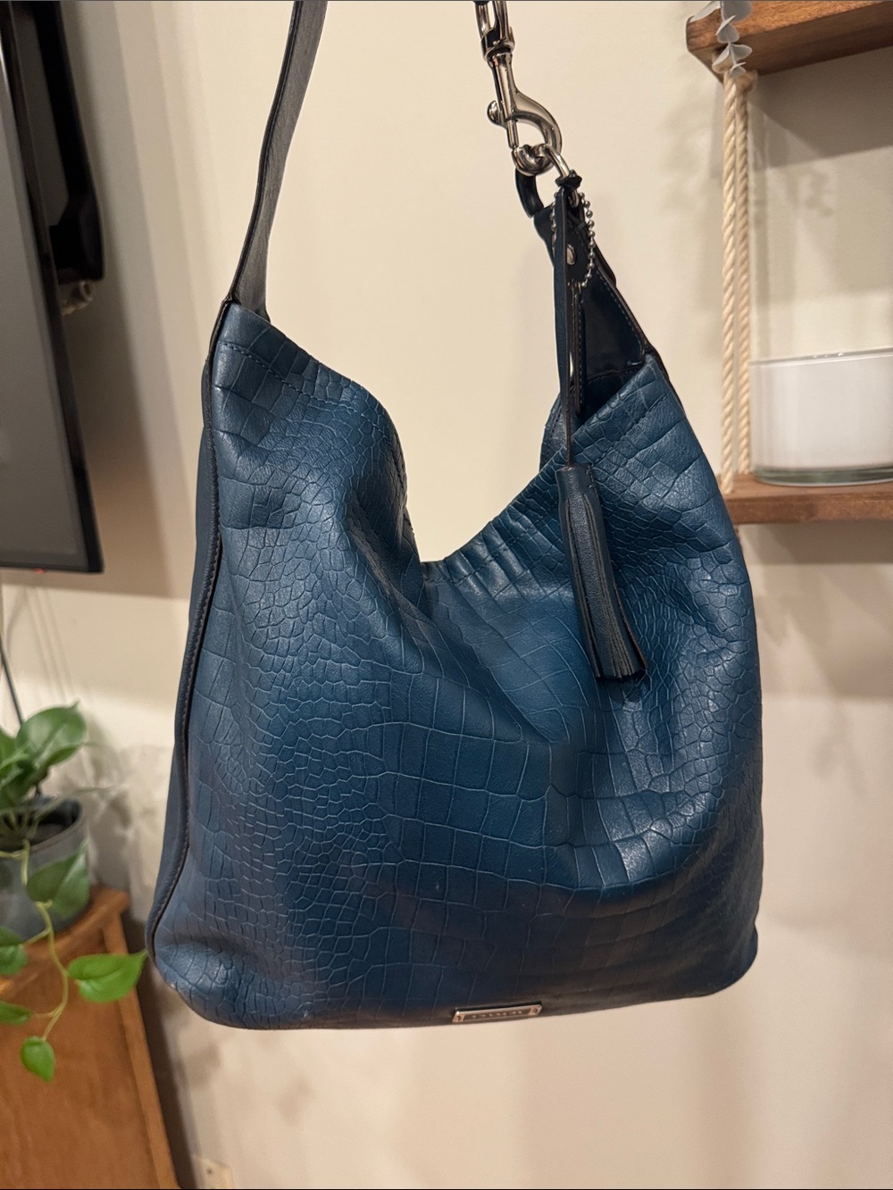 Coach Avery Teal Blue Croc-Embossed Hobo Bag with Tassel